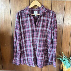 Blake Shelton Lands' End Plaid Flannel Shirt Womens L Burgundy Red Cotton